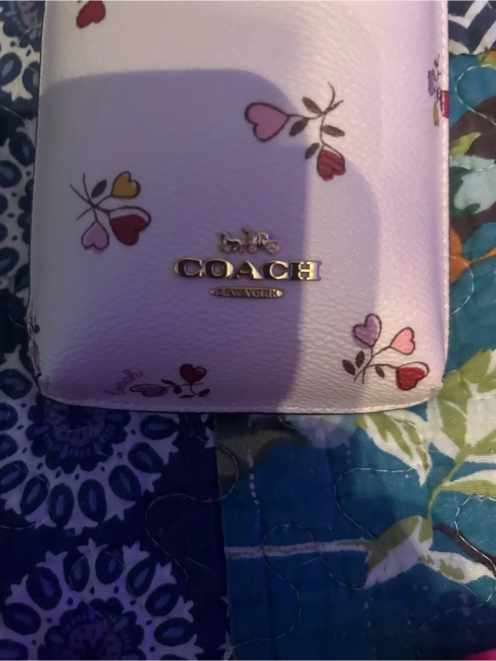 Coach Pink Floral Heart Leather Phone Wallet with Gold Logo